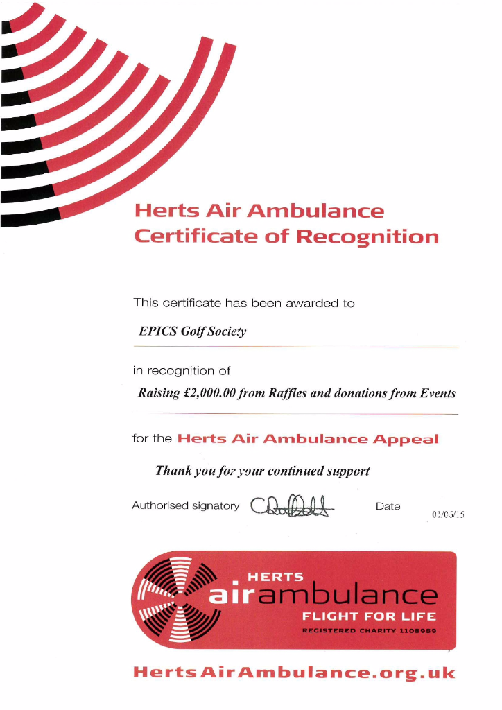 A big thank you from Herts Air Ambulance – EPiC Golfing Society