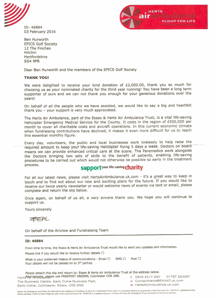 A big thank you from Herts Air Ambulance – EPiC Golfing Society